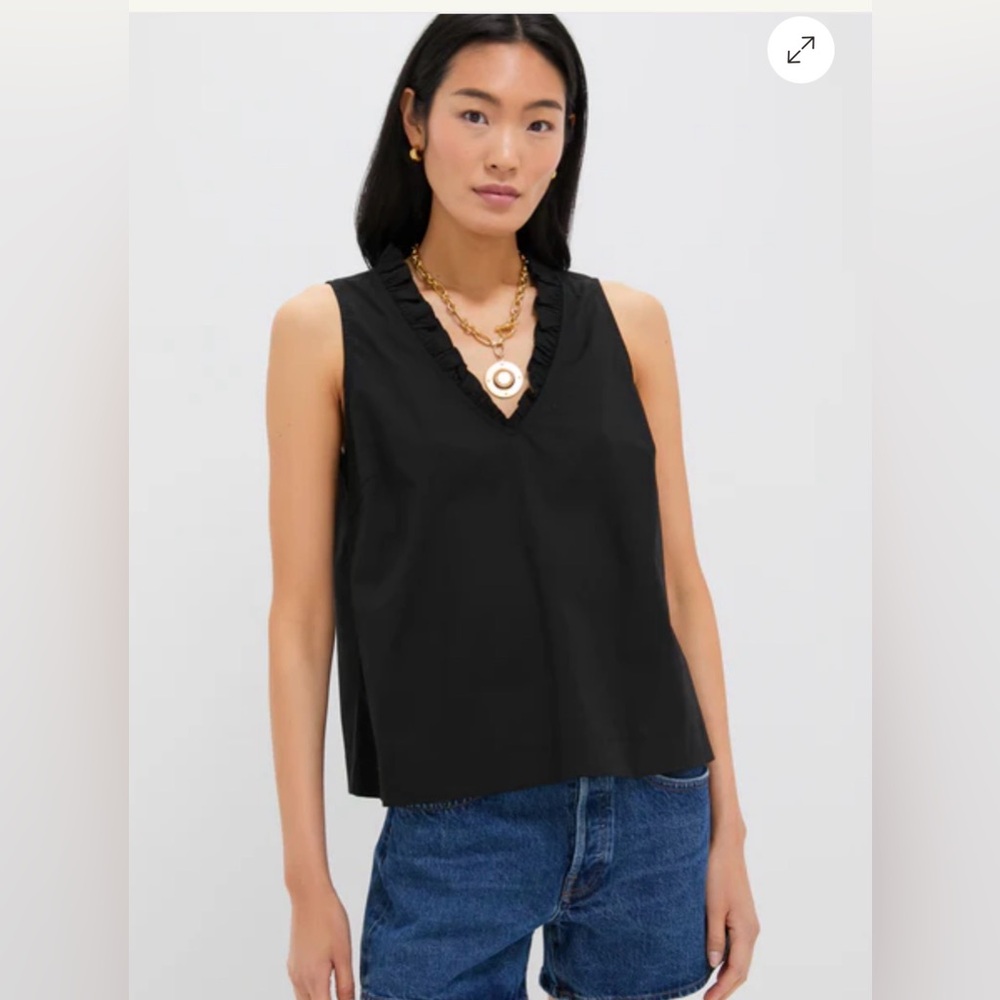 Pomander Place Black Top Sleeveless Ruffle-Neck Camisole Cotton Blend Veronica
